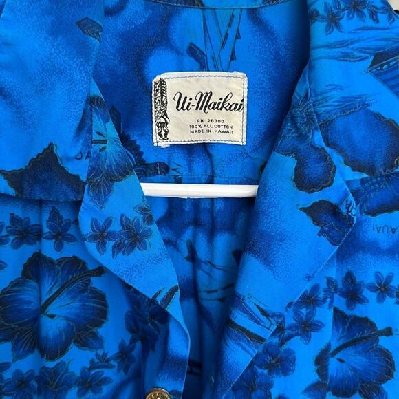 Ui-Maikai Blue Island Map Print Vintage 60s Hawaiian Button Front Camp Shirt - Picture 8 of 10